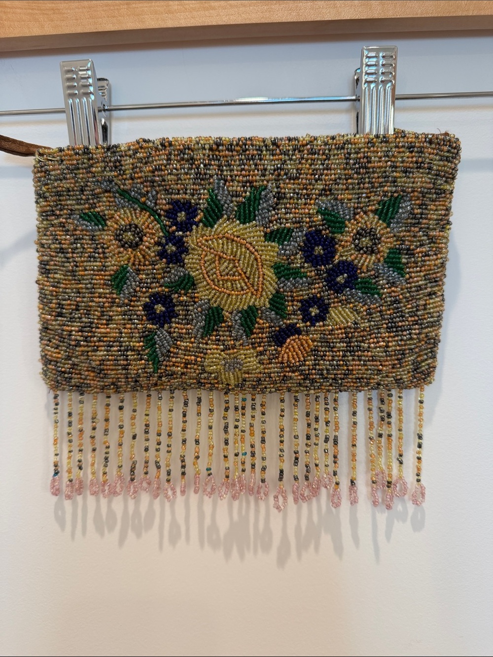 Beaded Floral Fringe Clutch - Yellow & Green